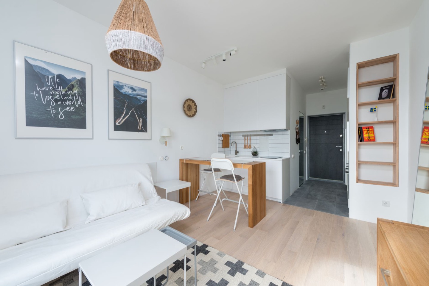 Small Airbnb studio before and after staging — after, restyled by Restage